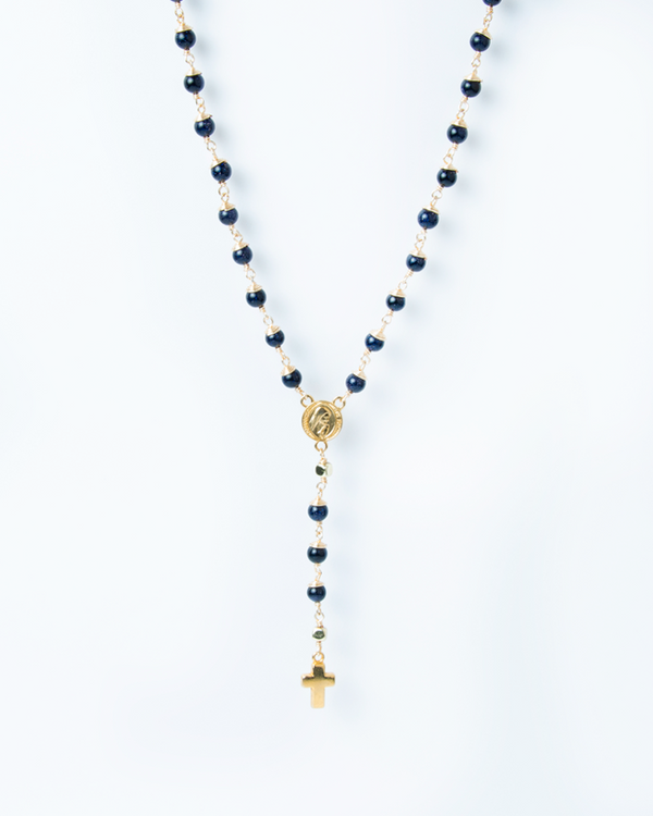 Duomo Rosary Entorchado in Blue Aventurine Featuring a Gold-Plated Cross