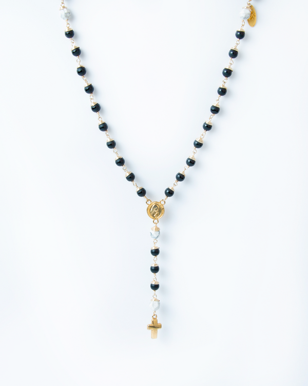 Duomo Rosary in Black Onyx and White Hexagonal Howlite with a Gold Cross