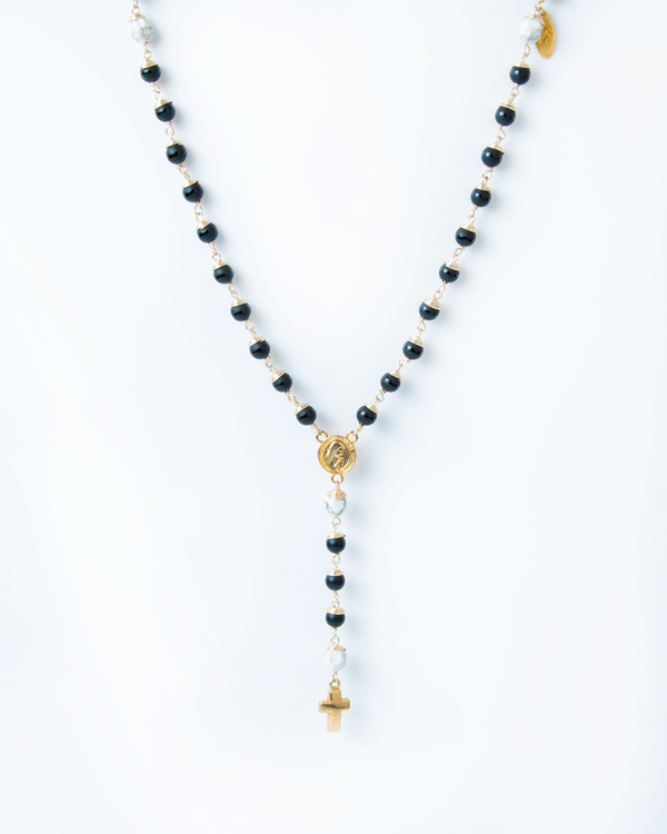 Duomo Cross & Signet Matte Black Matte Onyx Entorchado Rosary Men’s Necklace